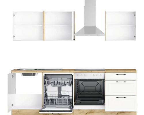 Küchenzeile mit Spüle, Geschirrspüler, Herd, Backofen, Dunstabzugshaube und Schränken