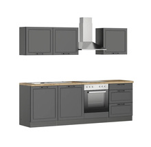 Küchenzeile mit Hängeschränken und Dunstabzugshaube