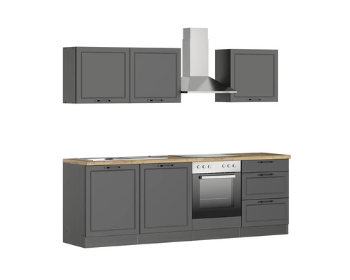 Küchenzeile mit Hängeschränken und Dunstabzugshaube