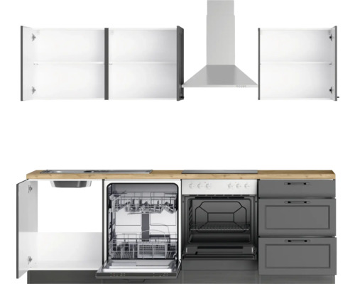 Küchenzeile mit Spüle, Geschirrspüler, Herd, Backofen, Dunstabzugshaube und Schränken