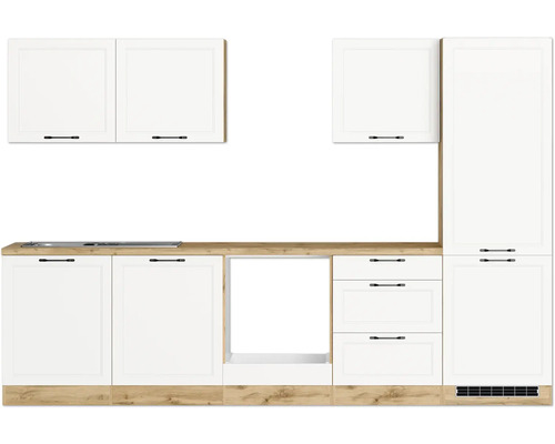 Küchenblock Held Möbel Lübeck 300 cm weiß matt/wotan eiche Küchenzeile mit Hängeschränken, Unterschränken und Arbeitsplatte in Holzoptik