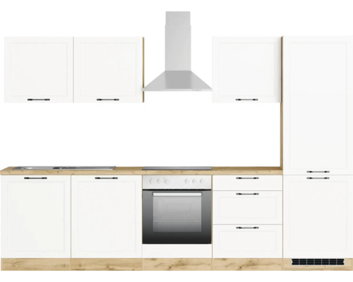 Küchenzeile mit Spüle, Kochfeld, Dunstabzugshaube, Backofen und Schränken