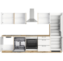 Küchenzeile mit Spüle, Geschirrspüler, Herd, Dunstabzugshaube, Hängeschränken, Schubladen und Kühlschrank