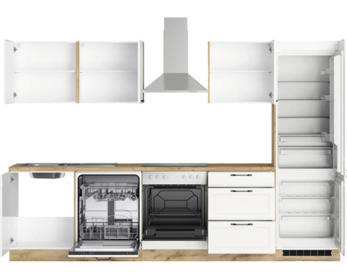 Küchenzeile mit Spüle, Geschirrspüler, Herd, Dunstabzugshaube, Hängeschränken, Schubladen und Kühlschrank