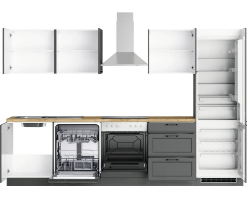 Küchenzeile mit Spülmaschine, Ofen, Dunstabzugshaube, Kühlschrank und Hängeschränken