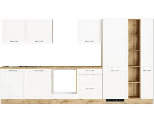 Küchenblock Held Möbel Lübeck 360 cm weiß matt/wotan eiche Küchenzeile mit weißen Schränken, Schubladen und Holzarbeitsplatte