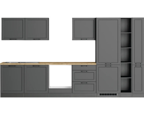 Küchenblock Held Möbel Lübeck 360 cm grau matt/graphit Küchenzeile mit Schränken, Schubladen und Regalen
