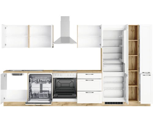 Küchenzeile mit Spüle, Geschirrspüler, Backofen, Dunstabzugshaube und Kühlschrank