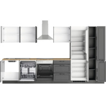 Komplette Küchenzeile mit Spüle, Spülmaschine, Herd, Dunstabzugshaube, Kühlschrank und Schränken