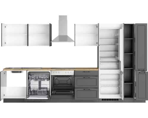 Komplette Küchenzeile mit Spüle, Spülmaschine, Herd, Dunstabzugshaube, Kühlschrank und Schränken