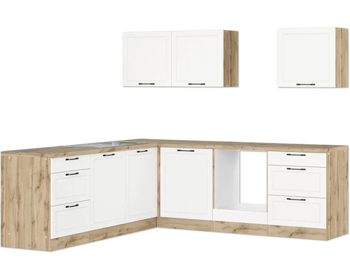 Winkelküche Held Möbel Lübeck 240 cm weiß matt/wotan eiche Küchenzeile mit Spüle und Hängeschränken