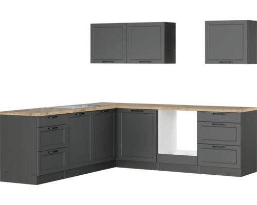 Winkelküche Held Möbel Lübeck 240 cm grau matt/graphit Küchenzeile mit Unterschränken, Arbeitsplatte und Hängeschränken