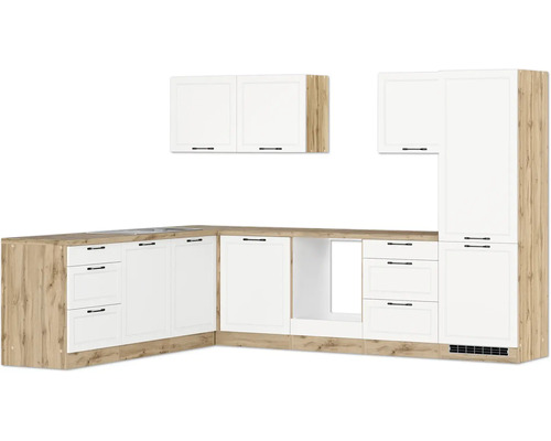 Winkelküche Held Möbel Lübeck 240 cm weiß matt/wotan eiche Küchenzeile mit weißen Fronten und Arbeitsplatte in Holzoptik