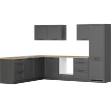 Komplette graue Eckküche mit Arbeitsplatte aus Holz