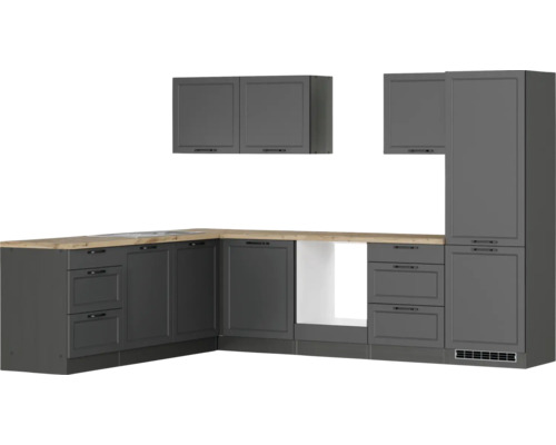Winkelküche Held Möbel Lübeck 240 cm grau matt/graphit Komplette graue Eckküche mit Arbeitsplatte aus Holz