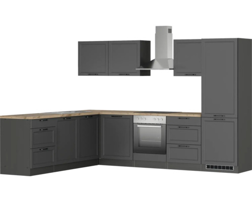 Komplette Küchenzeile mit Spüle, Herd, Backofen, Dunstabzugshaube und Schränken