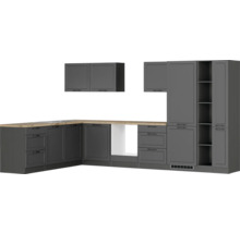 Küchenzeile mit Unterschränken, Arbeitsplatte und Hängeschränken