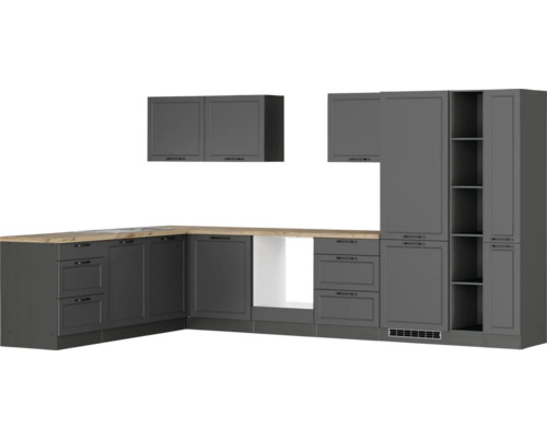 Küchenzeile mit Unterschränken, Arbeitsplatte und Hängeschränken