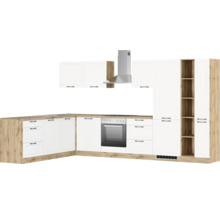 Komplette Küche mit Hängeschränken, Dunstabzugshaube, Spüle, Herd und Schubladen