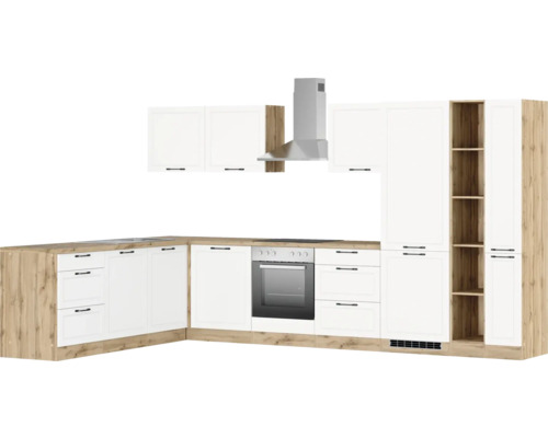 Komplette Küche mit Hängeschränken, Dunstabzugshaube, Spüle, Herd und Schubladen