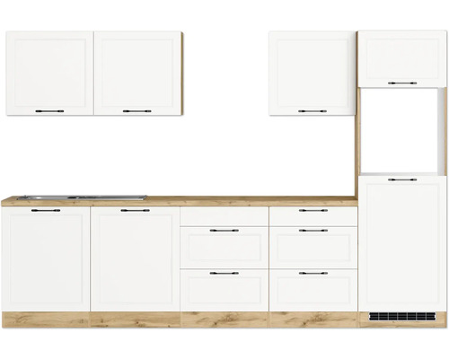 Küchenblock Held Möbel Lübeck 300 cm weiß matt/wotan eiche Küchenzeile mit weißen Schränken, Schubladen und Arbeitsplatte in Holzoptik
