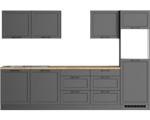 Küchenblock Held Möbel Lübeck 300 cm grau matt/graphit Komplette Küchenzeile mit Spüle, Unterschränken und Hängeschränken.