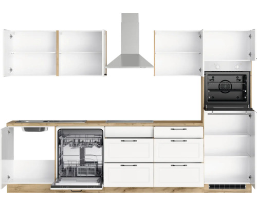Küchenzeile mit Spüle, Geschirrspüler, Herd und Dunstabzugshaube