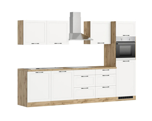 Küchenzeile mit Hängeschränken, Dunstabzugshaube und Einbaubackofen