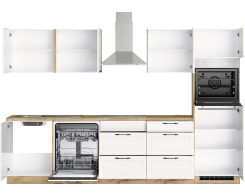 Komplette Küchenzeile mit Spüle, Geschirrspüler, Herd, Dunstabzugshaube und Schränken