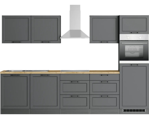 Küchenzeile mit Hängeschränken, Dunstabzugshaube, Arbeitsplatte, Spüle, Kochfeld und Backofen