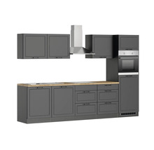 Graue Einbauküche mit Holzarbeitsplatte, Dunstabzugshaube und Einbaubackofen