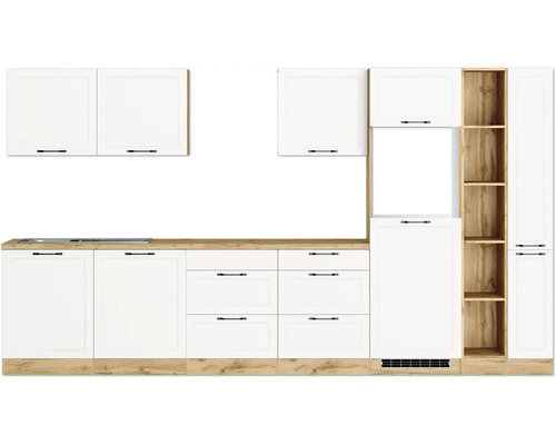 Küchenblock Held Möbel Lübeck 360 cm weiß matt/wotan eiche Küchenzeile mit weißen Schränken, Schubladen und Holz Arbeitsplatte