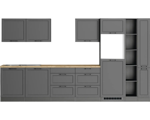 Küchenblock Held Möbel Lübeck 360 cm grau matt/graphit Komplette graue Küchenzeile mit Ober- und Unterschränken sowie Schubladen