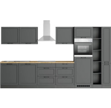 Graue Küchenzeile mit Hängeschränken, Dunstabzugshaube und Elektroherd