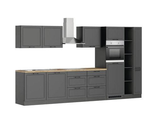 Komplette Küchenzeile mit Hängeschränken, Dunstabzugshaube, Backofen und Spüle