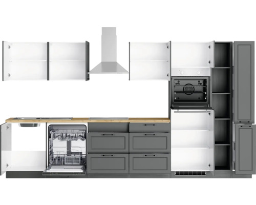 Küchenzeile mit Spüle, Spülmaschine, Schubladen, Backofen, Dunstabzugshaube und Schränken