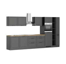 Komplette Küche mit Ober- und Unterschränken, Dunstabzugshaube und Backofen