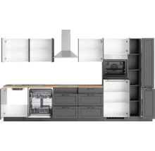 Moderne Küche mit Einbauschränken, Dunstabzugshaube und Geschirrspüler