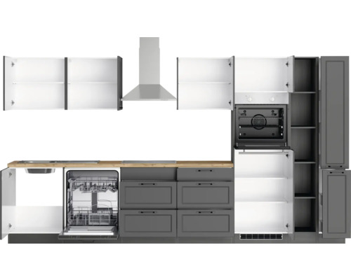 Moderne Küche mit Einbauschränken, Dunstabzugshaube und Geschirrspüler