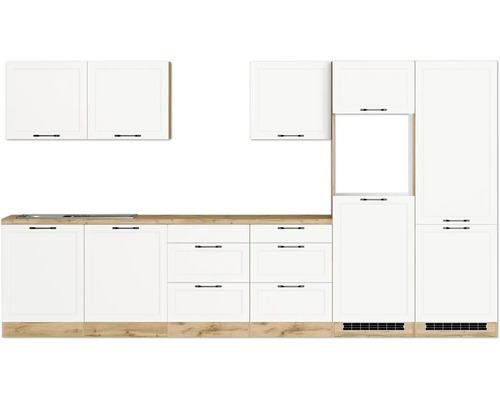 Küchenblock Held Möbel Lübeck 360 cm weiß matt/wotan eiche Küchenzeile mit weißen Schränken und hölzernen Arbeitsplatten