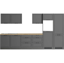 Graue Küchenzeile mit Schränken und Schubladen