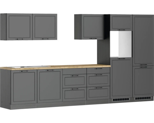 Komplette graue Küche mit Hängeschränken, Unterschränken und Arbeitsplatte aus Holz
