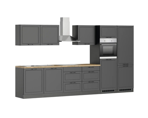 Komplette graue Küche mit Hängeschränken, Dunstabzugshaube, Ofen und Arbeitsplatte