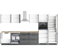 Komplette Küche mit Hängeschränken, Spüle, Geschirrspüler, Kochfeld, Dunstabzugshaube, Backofen und Kühlschrank