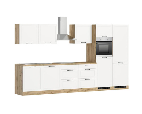 Komplette Küche mit Hängeschränken, Dunstabzugshaube, Backofen und Spülen