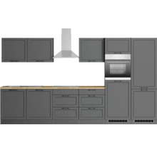 Komplette Küchenzeile mit Ober- und Unterschränken, Dunstabzugshaube und Backofen
