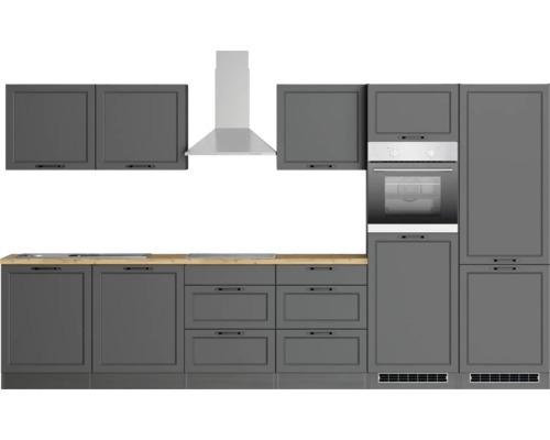 Komplette Küchenzeile mit Ober- und Unterschränken, Dunstabzugshaube und Backofen