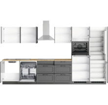 Einbauküche mit Spüle, Geschirrspüler, Schubladen, Backofen, Dunstabzugshaube und Kühlschrank