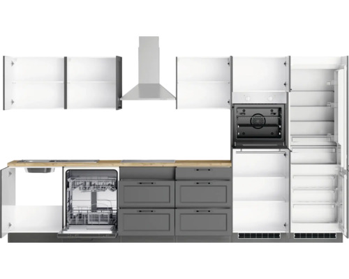 Einbauküche mit Spüle, Geschirrspüler, Schubladen, Backofen, Dunstabzugshaube und Kühlschrank