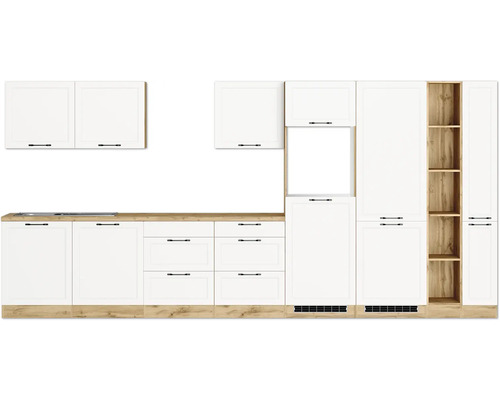 Küchenblock Held Möbel Lübeck 420 cm weiß matt/wotan eiche Küchenzeile mit weißen Schränken und hölzerner Arbeitsplatte